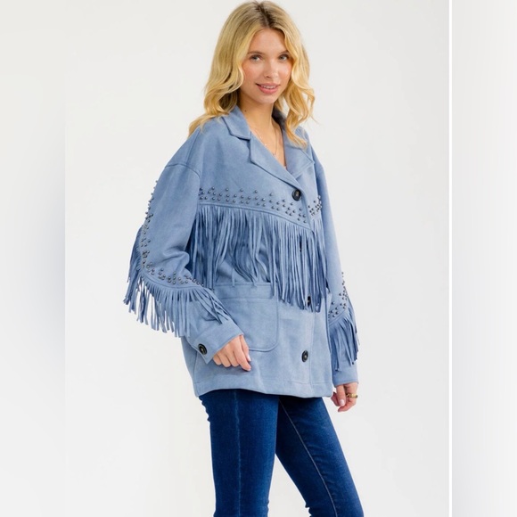 boutique brand Jackets & Blazers - Fringed Studded Suede Jacket - Light Blue